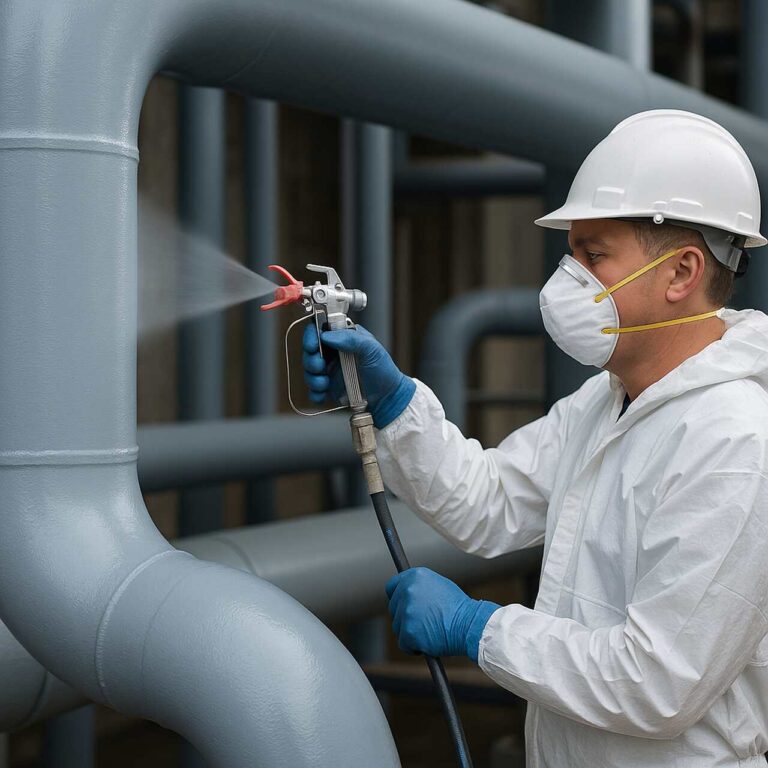 Homem realizando pintura de tubulações industriais